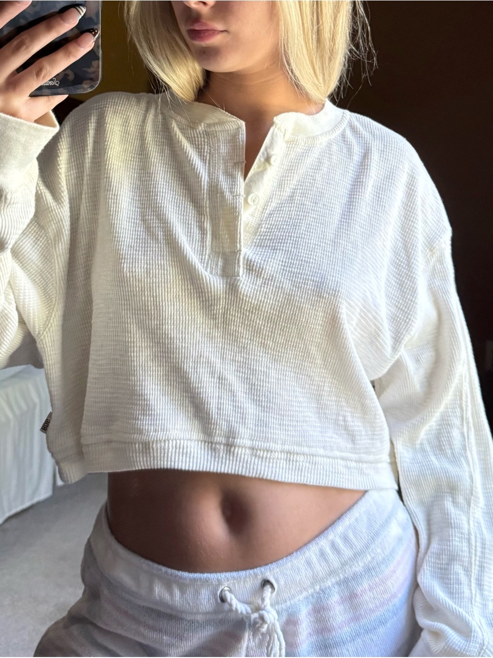 BDG Cream Cropped Waffle Henley Top